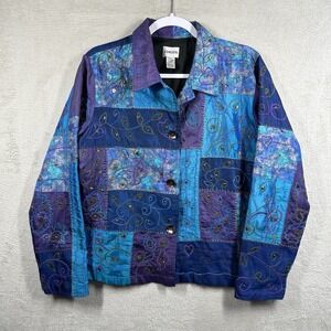 Chico's Silk Patchwork Jacket Women's M Artsy Embroidered Vintage Blue